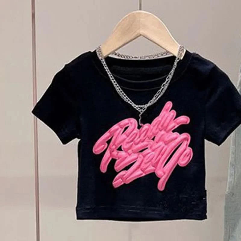 Girls Summer New Short-Sleeved T-Shirt Jeans Big Boy Colorful Denim Ripped Pants Suit Children's Top Foreign Wide-Legged Pants - M & M Global