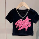 Girls Summer New Short-Sleeved T-Shirt Jeans Big Boy Colorful Denim Ripped Pants Suit Children's Top Foreign Wide-Legged Pants - M & M Global