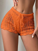 Polyester100.00% Hollow Drawstring Open Waist Knitted Bikini Blocked Women's Shorts - M & M Global