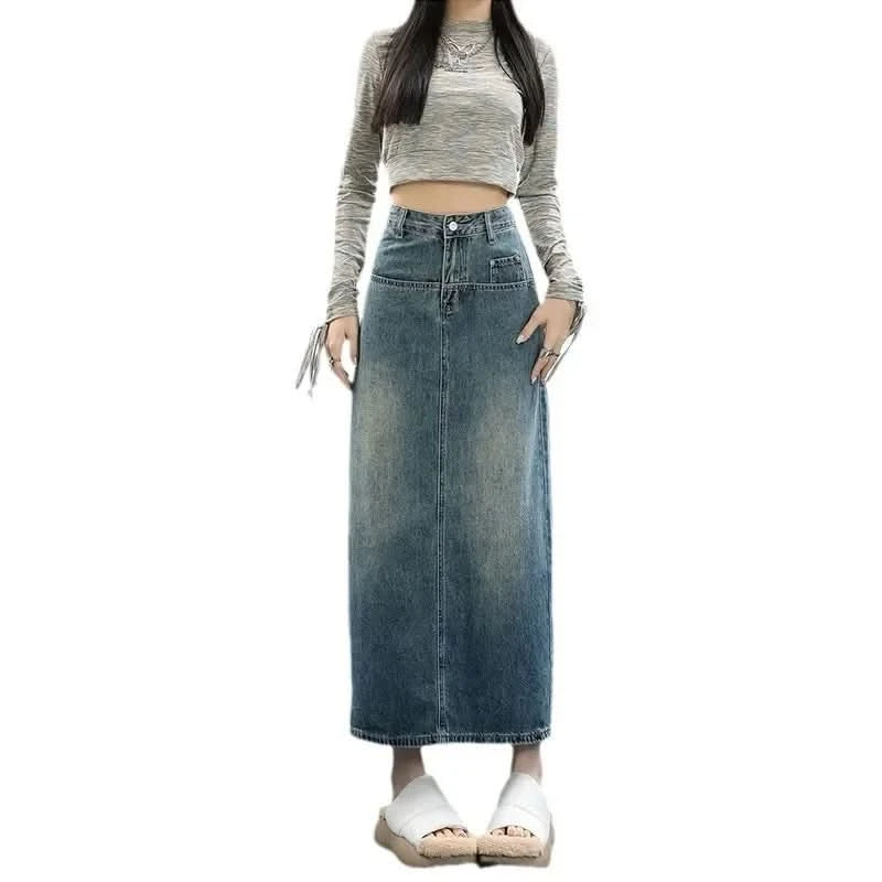 Elegant Women's Vintage Denim Skirt High-waisted A- line Long Dress Versatile Side Slit Spring Season Fashion - M & M Global
