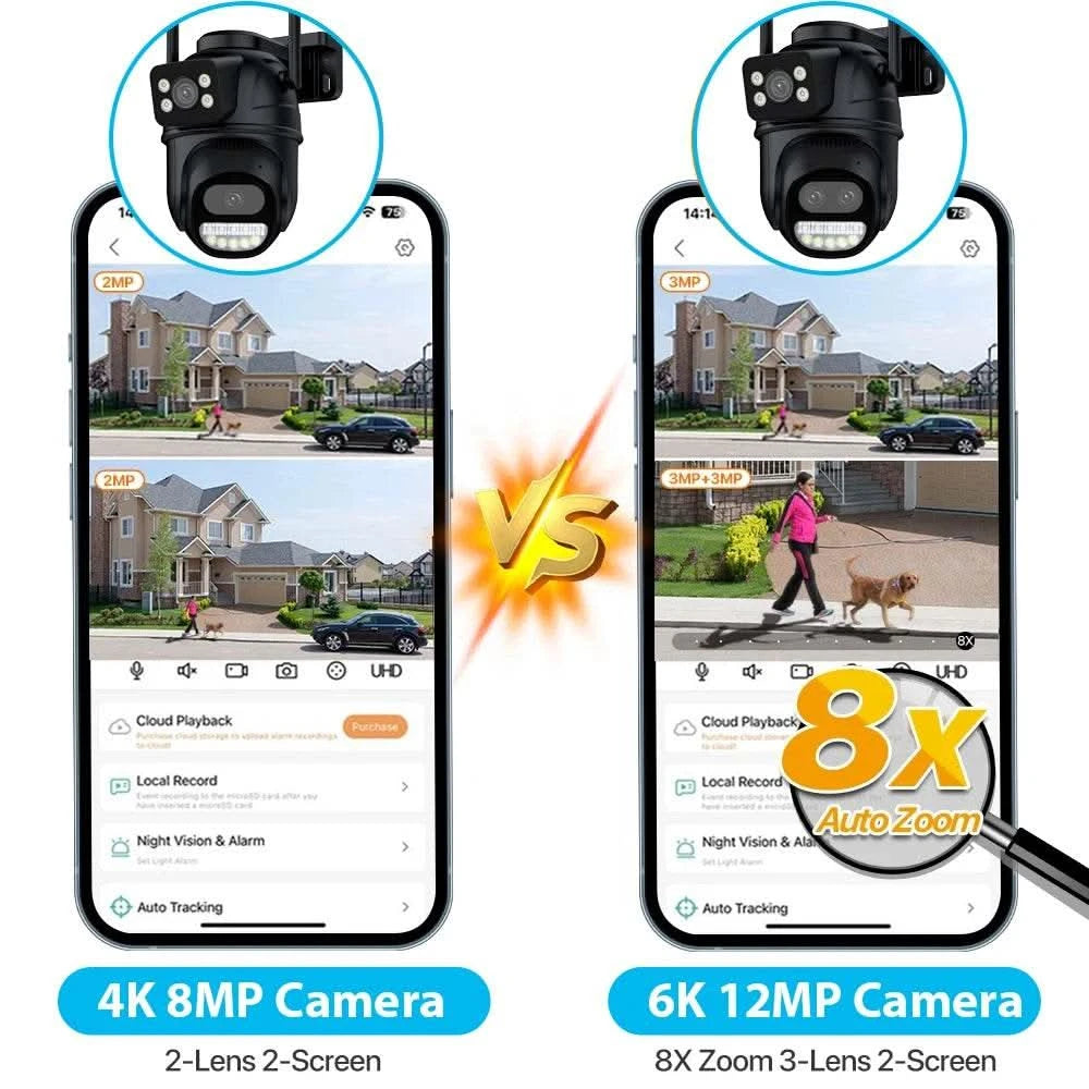 6K 12MP Outdoor Wifi Camera PTZ 8X Optical Zoom Three Lens Dual Screens Video Surveillance 8MP Dual Lens CCTV Security IP Camera - M & M Global