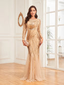 Elegant Long Sleeves Sequin Tulle Evening Dresses 2025 Women Luxury Mermaid Formal Bridesmaid Party Maxi Prom Dress