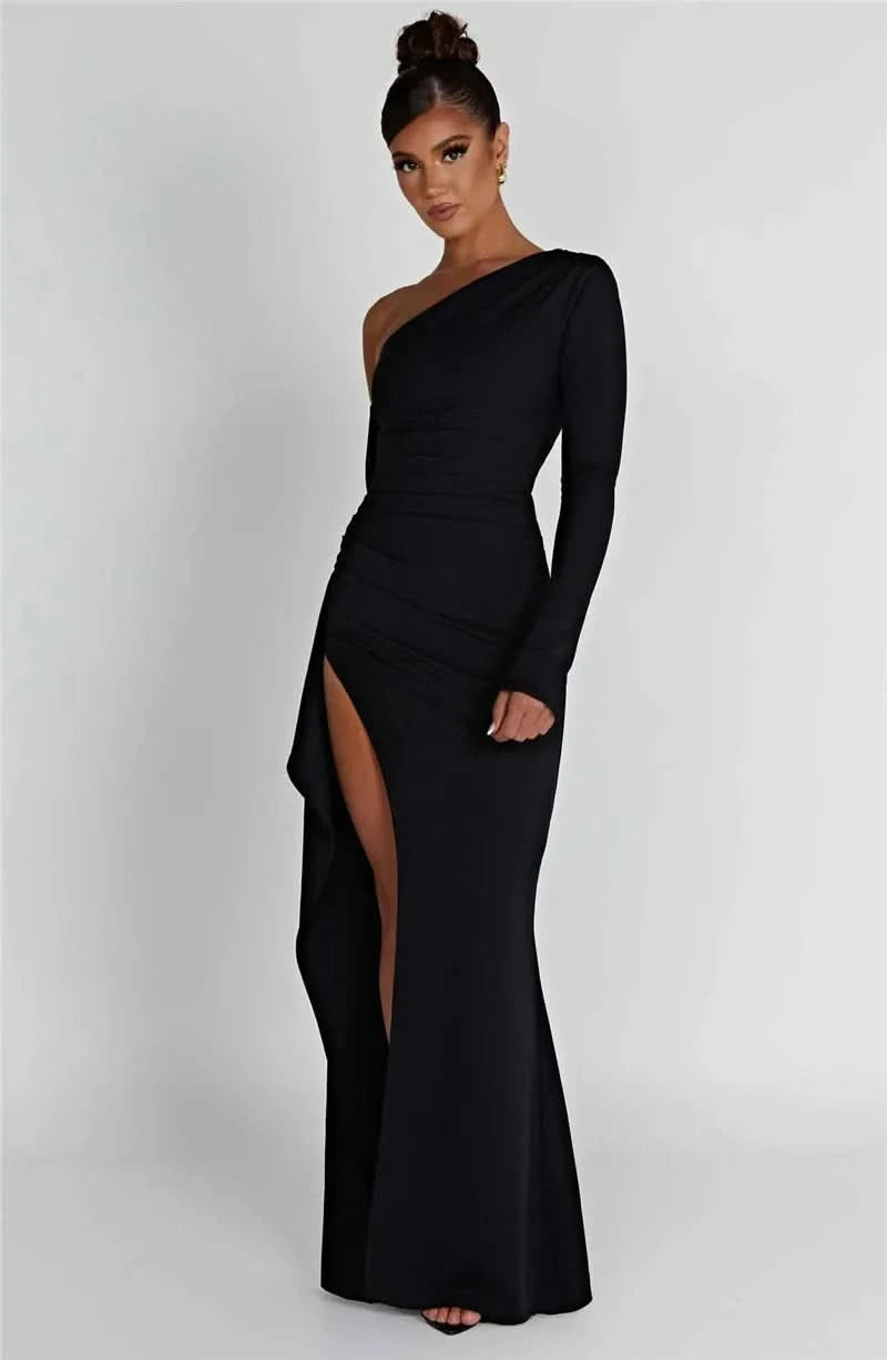 Mozision Oblique Shoulder Thigh High Split Maxi Dress Women Long Sleeve Backless Bodycon Sexy Club Party Long Dress Vestidos - M & M Global