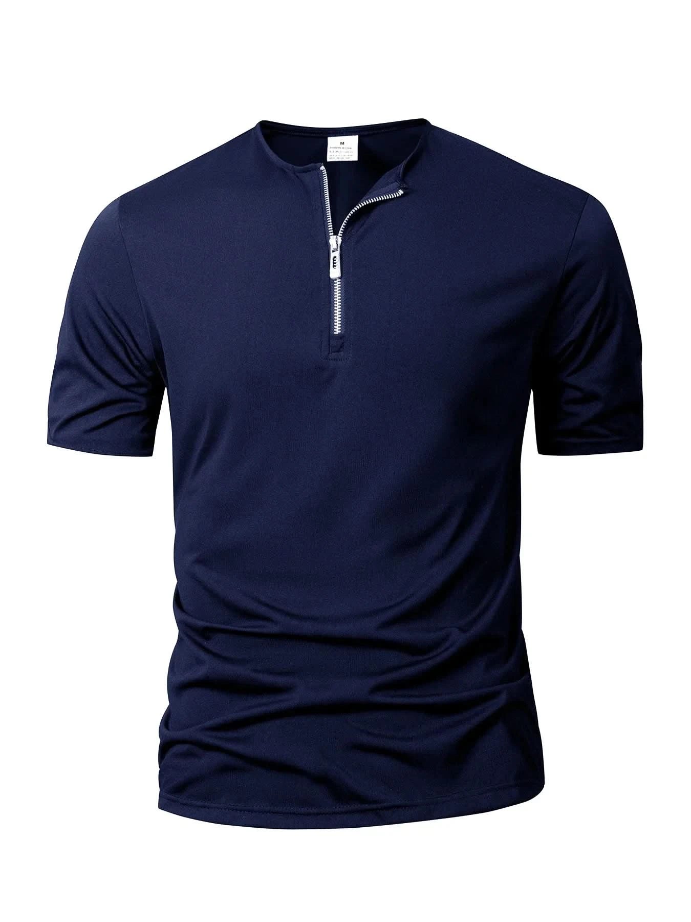 Summer Men's Short Sleeve Solid Color Zipper Collar Shirt Casual Sports T-Shirt Streetwear Daily Outdoor Activities Men's Top - M & M Global