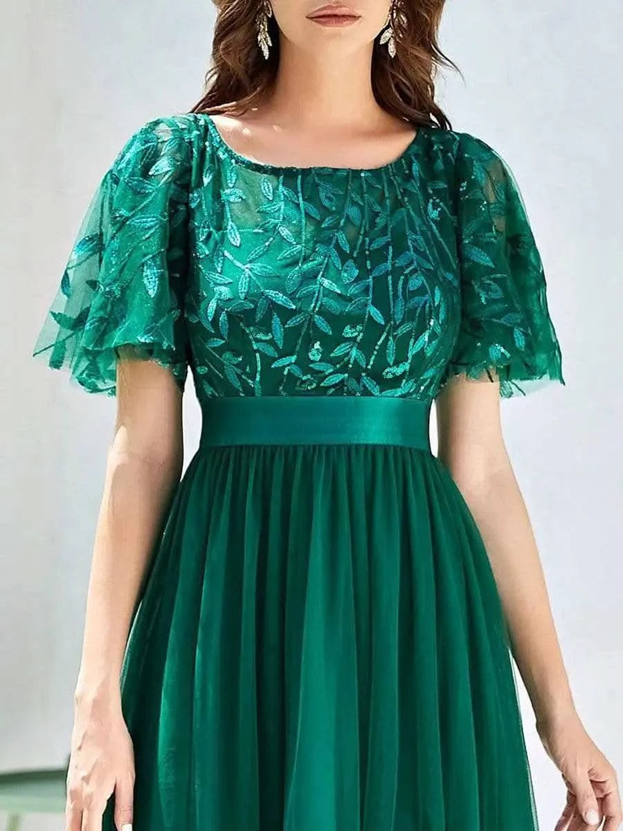 2023 New Women's Burgundy A-Line Sequin Mesh Leaf Maxi Prom Dress Sparkle Evening Dresses O-Neck Short Sleeve Long Dress - M & M Global