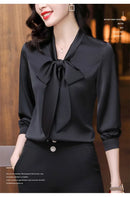 Elegant Pure Color Long Sleeve Women's Shirt with Bow Tie Single Button Open Cardigan Spring Autumn Fashionable Ageless