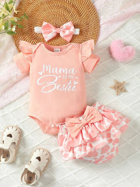 0-2 Year Old Baby Summer Solid Color Short Sleeved Letter Printed Round Neck Bread Shorts Bow Set Baby Clothing - M & M Global