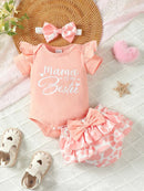 0-2 Year Old Baby Summer Solid Color Short Sleeved Letter Printed Round Neck Bread Shorts Bow Set Baby Clothing - M & M Global
