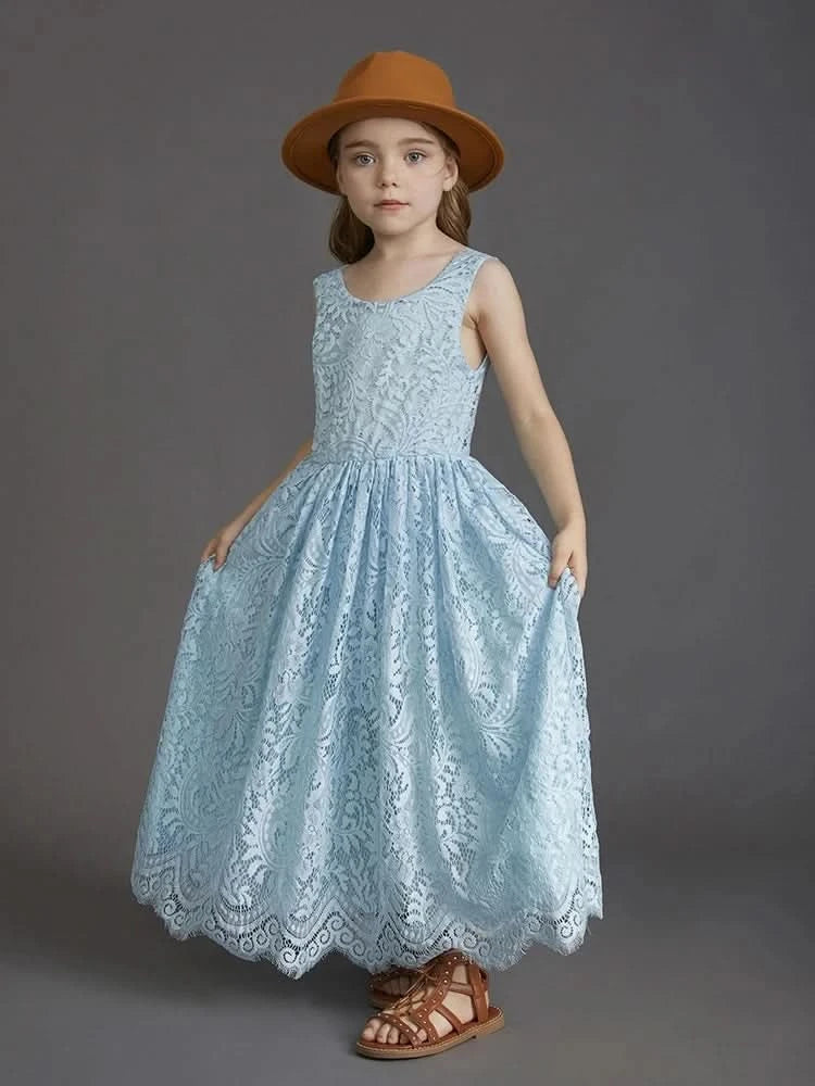 Plus Size Princess Girls Cotton Lace Party Long Dress Baby Kids Flower Girl Wedding Birthday Children Clothing 2 4  6 8 10 12 14 - M & M Global
