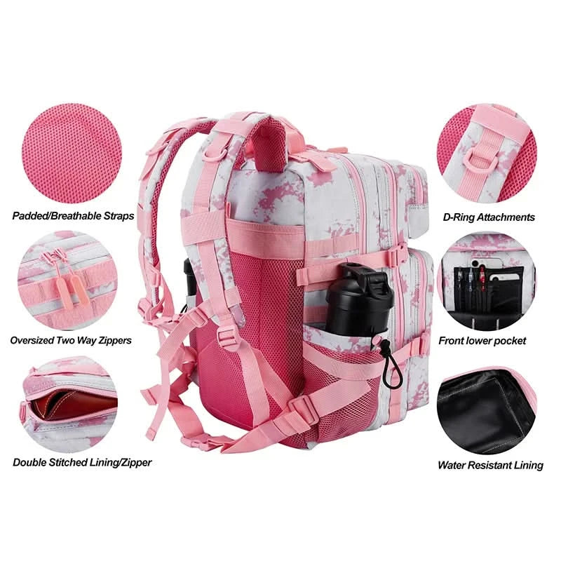 LHI 45L Tactical Backpack Waterproof Tie-Dye Sports Travel Daily Gym Rucksacks Weekend Overnight Daypack With Bottle holder - M & M Global