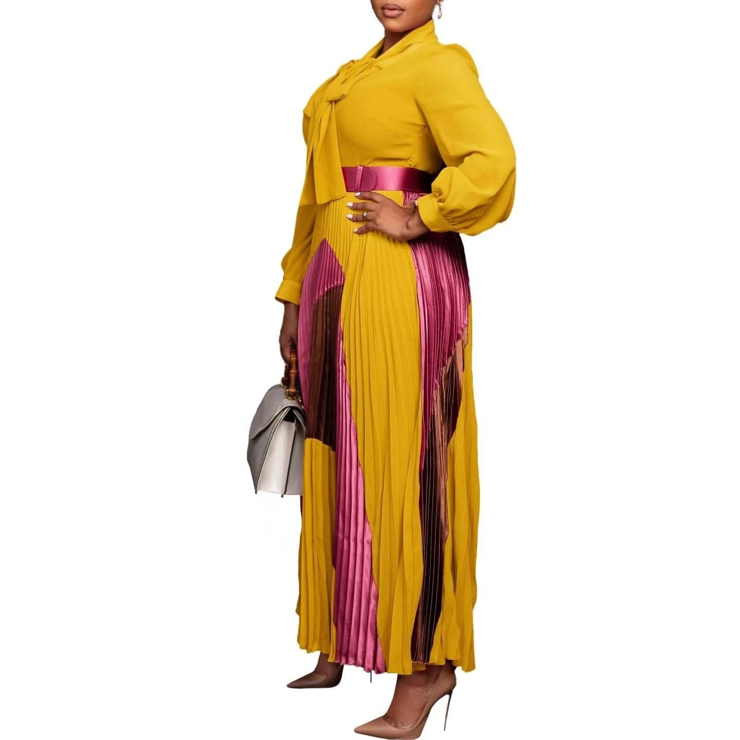 CM.YAYA Elegant Women Wraped Bow Neck Long Sleeve with Sashes Maxi Long Dress Chic INS Sexy Party Prom Big Swing Pleated Dresses - M & M Global