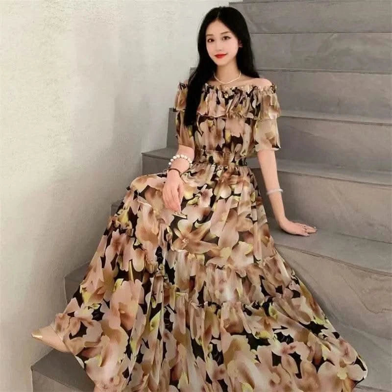 2024 New Summer Women Sexy Slash Neck Short Sleeve Slim Long Dress Fashion Patchwork Big Hem Sweet Ruffles Floral Dress - M & M Global
