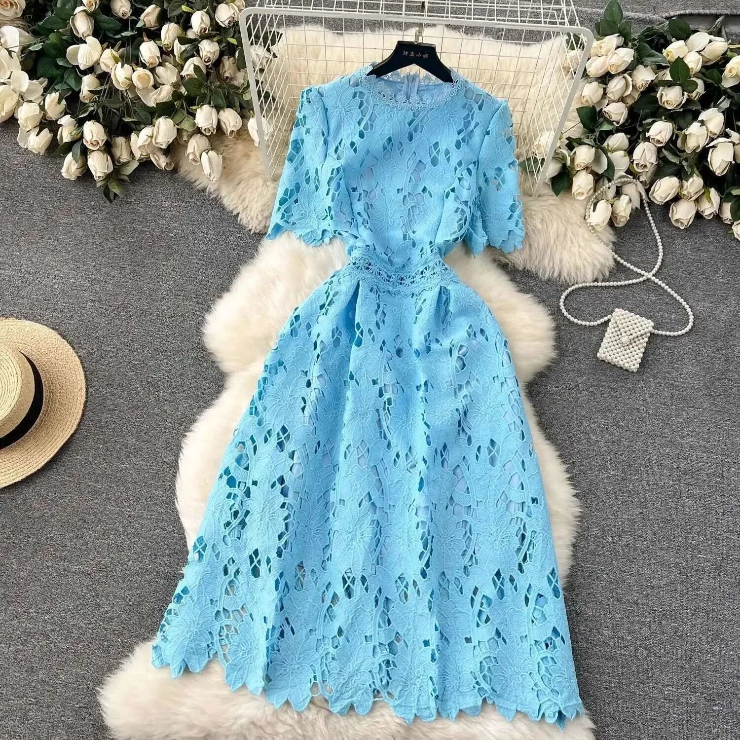 Elegant Flower Embroidery Lace Hollow Out Midi Dresses Women's 2025 Summer O Neck Short Sleeve Casual Long Dress Party Vestidos - M & M Global