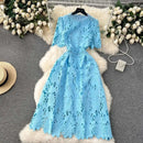 Elegant Flower Embroidery Lace Hollow Out Midi Dresses Women's 2025 Summer O Neck Short Sleeve Casual Long Dress Party Vestidos - M & M Global