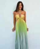 Women Chic Gradient Print Halter Neck Pleated Beach Long Dress Fashionable Long Dress Sexy Hollow Out Vacation Maxi Dress Outfit - M & M Global