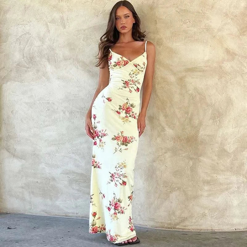 Dulzura Floral Print Strap Midi Dress For Women Bodycon Sexy Party Clothes 2024 Summer Long Dress Y2K Clothes Evening Holiday - M & M Global