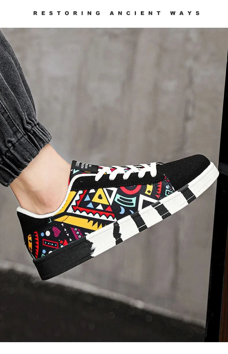 YRZL Men's Sports Running Shoes Canvas Geometric Style Lace-Up Sneakers Couples' Fashionable Graffiti Print Skate Shoes Men - M & M Global