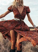 TEELYNN boho long dress Vintage 2023 floral print Chiffon three quarter sleeve v-neck summer Gypsy Hippie women dresses vestidos - M & M Global
