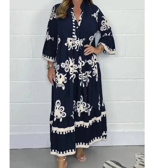 Women's Printed Loose Ethnic Retro Dress Spring Autumn V Neck Button A-Line Long Dress Summer 3/4 Sleeve Bohemian Maxi Dresses - M & M Global