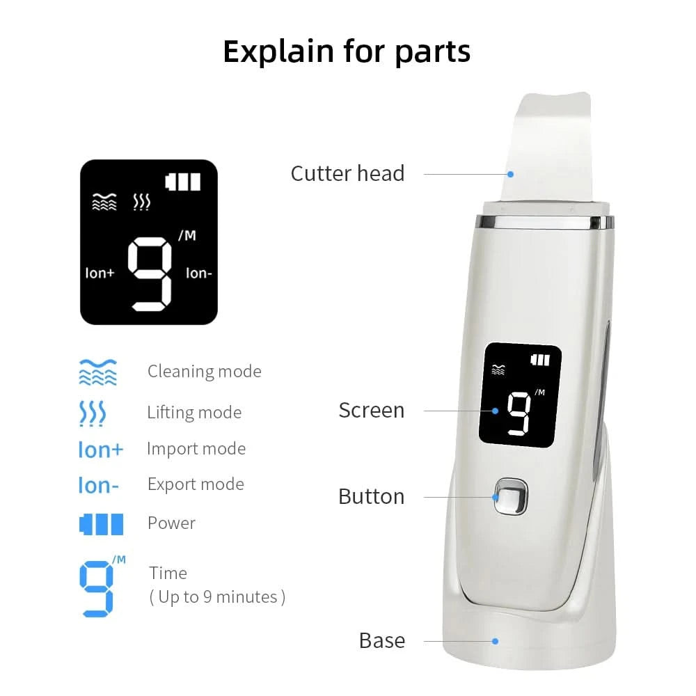 Ultrasonic Skin Scrubber Facial Spatula Blackhead Remover Deep Face Cleaning Lift Machine Peeling Shovel Pore Cleaner - M & M Global