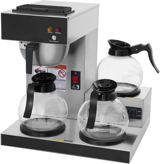 12-Cup Commercial Coffee Maker, Pour Over Drip Coffee Maker Brewer with 3 Lower Warmers and 3 Glass Decanters, Stainless Steel C - M & M Global