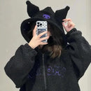 Thickened Loose Hooded Sweatshirt in Black with Embroidery Lambskin Imitation for Autumn And Winter Trendy Streetwear for Girls