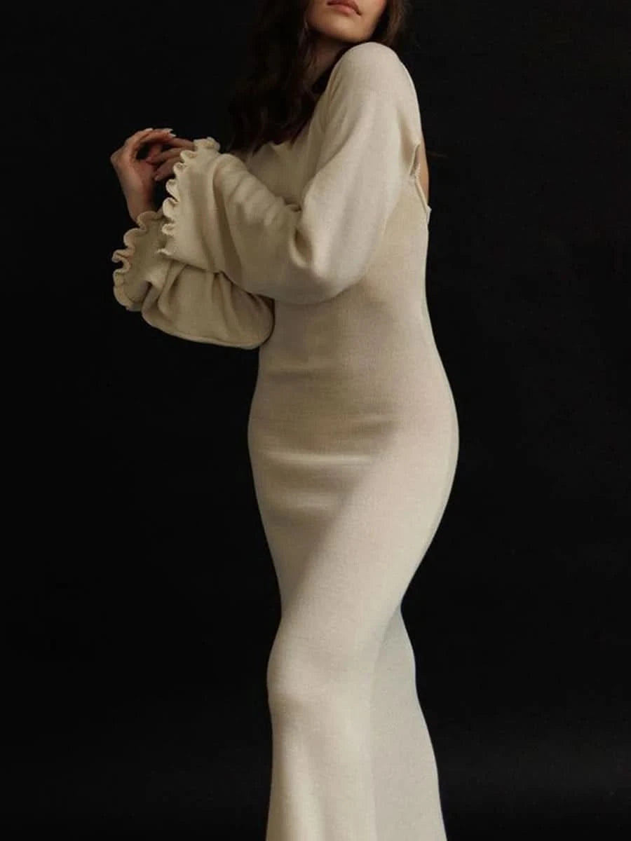 Women Ribbed Knit Ruffle Trim Long Dress Long Sleeve Bodycon  Party Cocktail Dress Flare Summer Beach Cover Up - M & M Global
