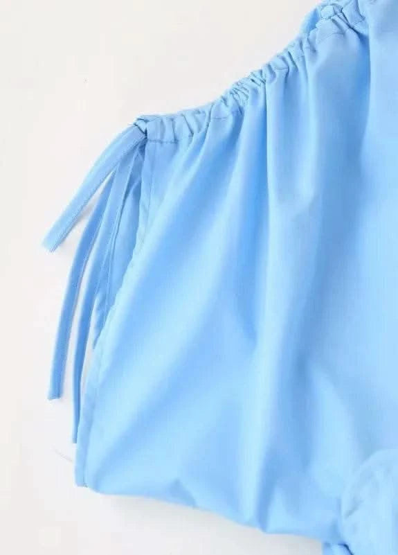 Blue V-Neck Waist-Fitted Bow-Decored Long Dress For Women Fashionable And Elegant European And American Style - M & M Global