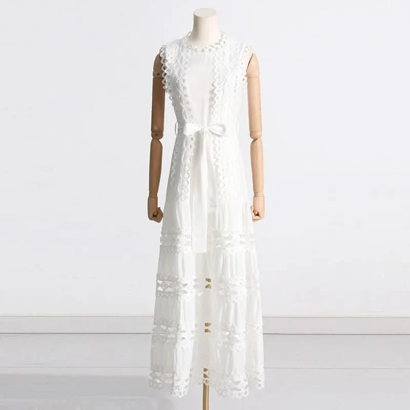 JAMERARY Designer New Summer Holiday White Embroidery Cotton Long Dress Women Sleeveless Midi Prom Evening Dresses Party Robe - M & M Global