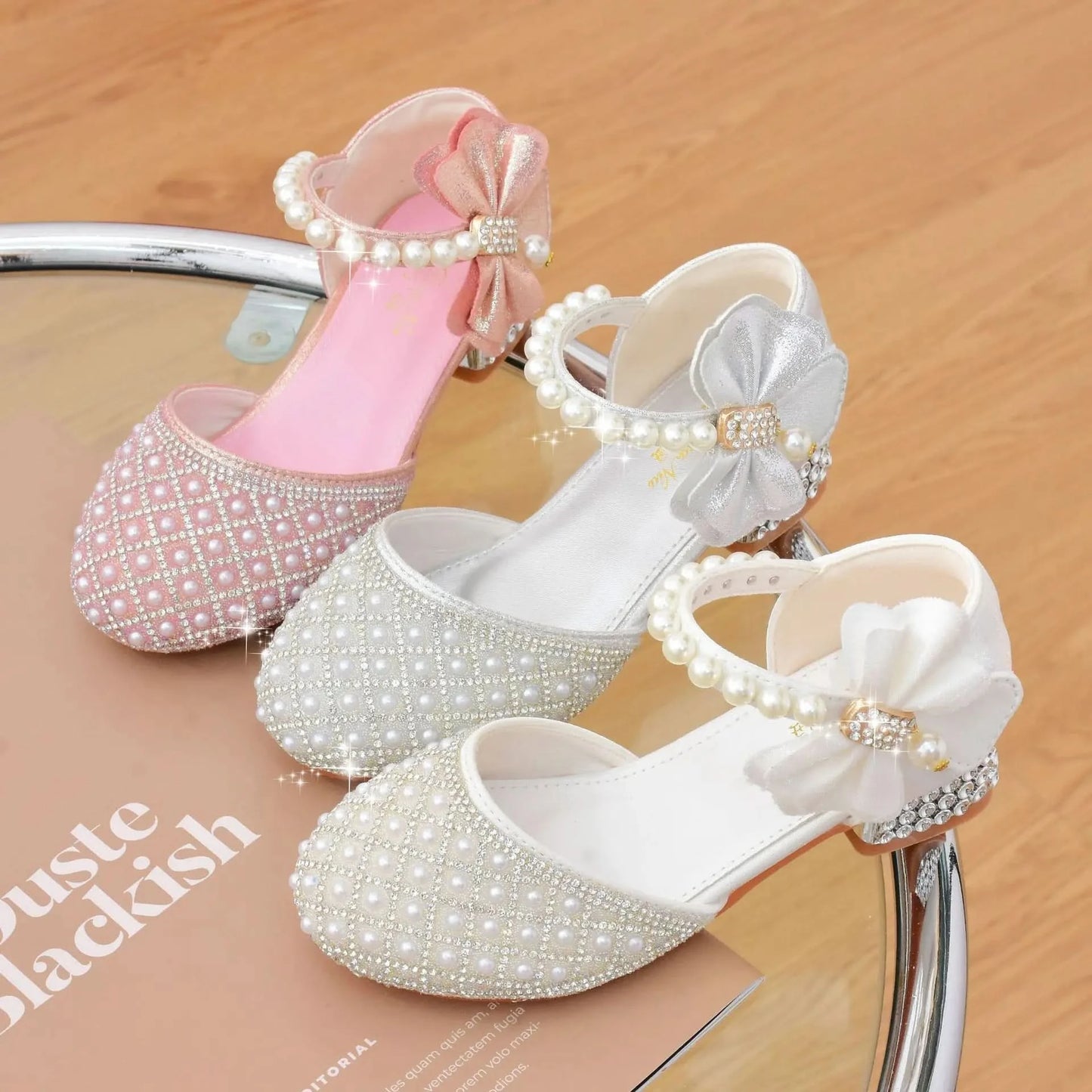 Rhinestones Princess Party Shoes Shiny Crystal Bow White Children High Heels Girls Sandals Summer Kids Student Performance Shoes - M & M Global