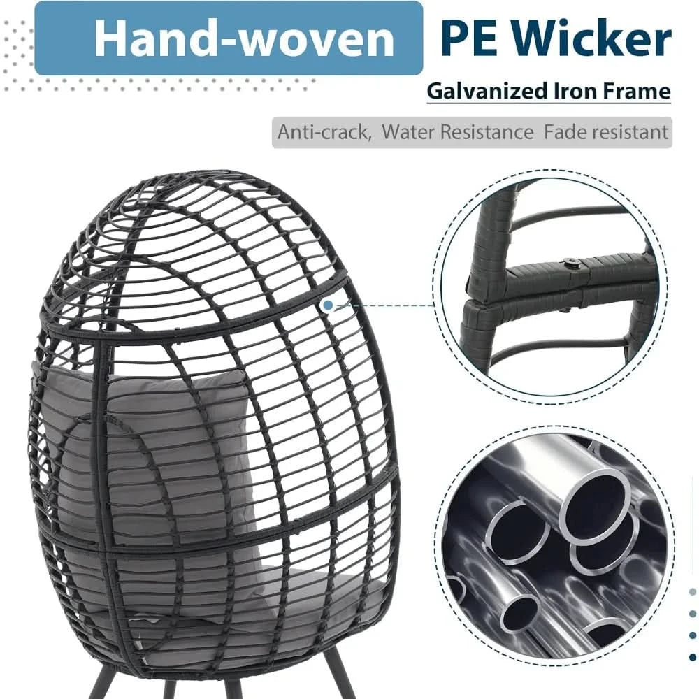 Wicker Egg Chair, Oversized Indoor Outdoor Lounger Large Egg Basket Chair with Stand and Cushions for Patio Porch, Backyar