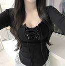 Autumn Sexy Women T Shirts Korean Lace Up Slim Long Sleeve Female Casual Tees Y2k Fashion New All Match Ladies Crop Tops