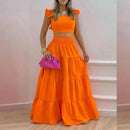 Dress Set Two-piece Women's Clothing Solid Color Sexy Suspender Large Swing Skirt Short Sleeved Square Neck Top Summer Outfits - M & M Global