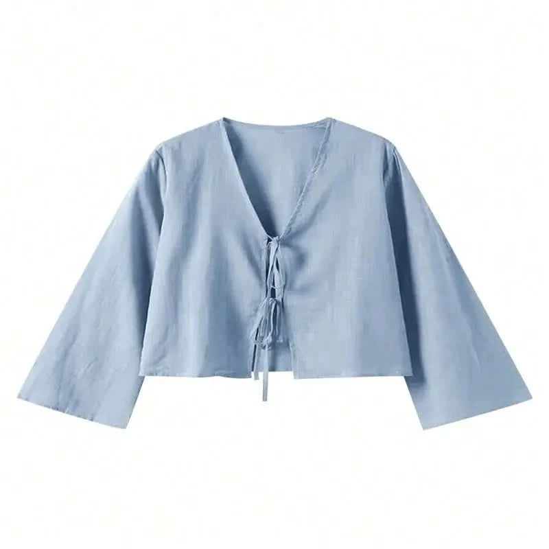 Sexy Lace Up Hollow Out Shirt Women Loose Solid V-neck Lantern Sleeve Tops Female 2024 Summer Casual Fashion Lady Short Blouses - M & M Global