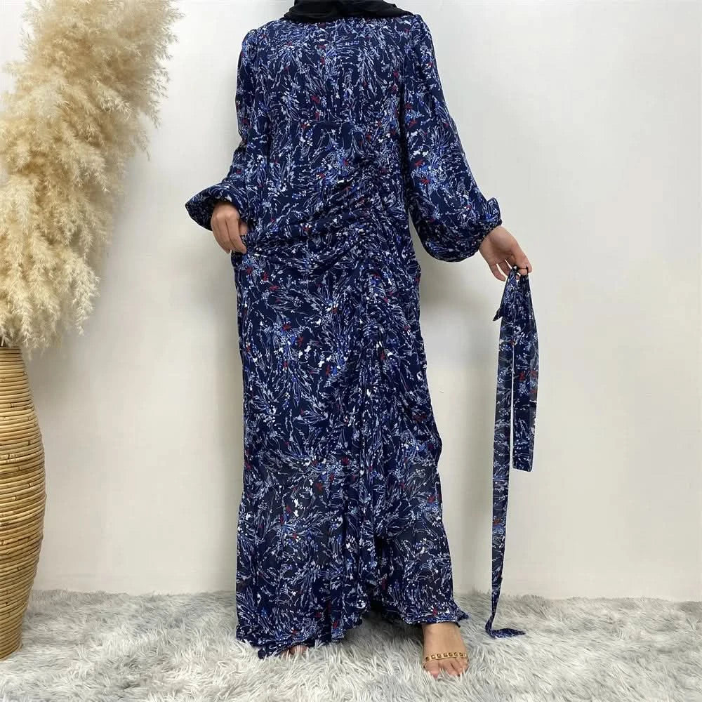 Muslim Women's dress Casual print bark crepe long dress Zipper collar long sleeves loose Muslim maxi dress - M & M Global