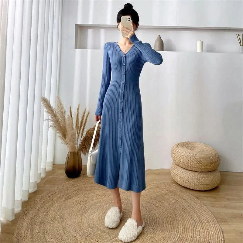 Lucyever Elegant Knitted Long Dress for Women Korean Chic Buttons Slim Fit Midi Dresses Female Streetwear V Neck Party Vestidos - M & M Global