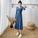 Lucyever Elegant Knitted Long Dress for Women Korean Chic Buttons Slim Fit Midi Dresses Female Streetwear V Neck Party Vestidos - M & M Global