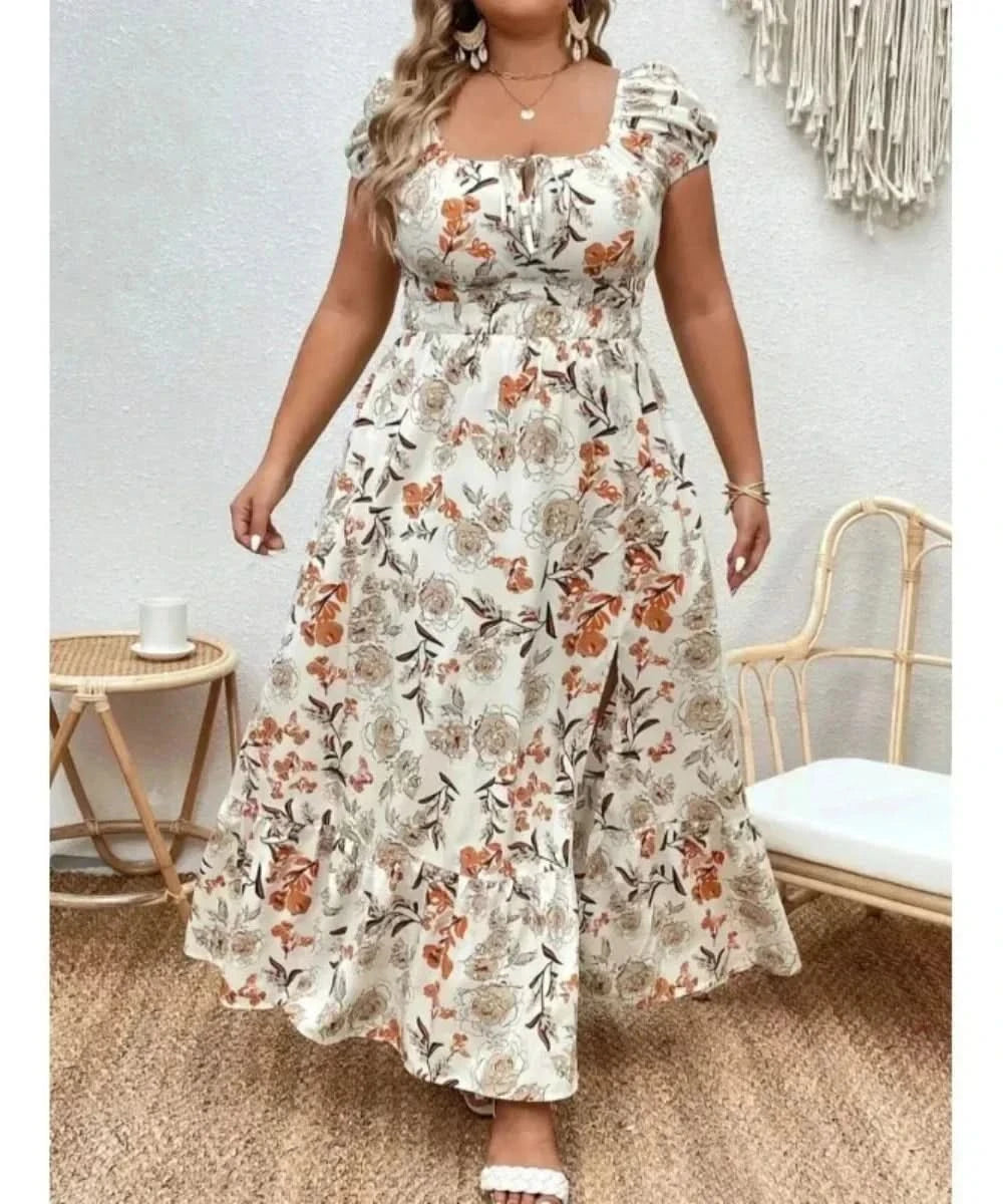 Plus Size Women 1XL-5XL  Suitable for Outdoor Flower Casual Long Party Dress Women Fashion Print Loose Summer Dress - M & M Global