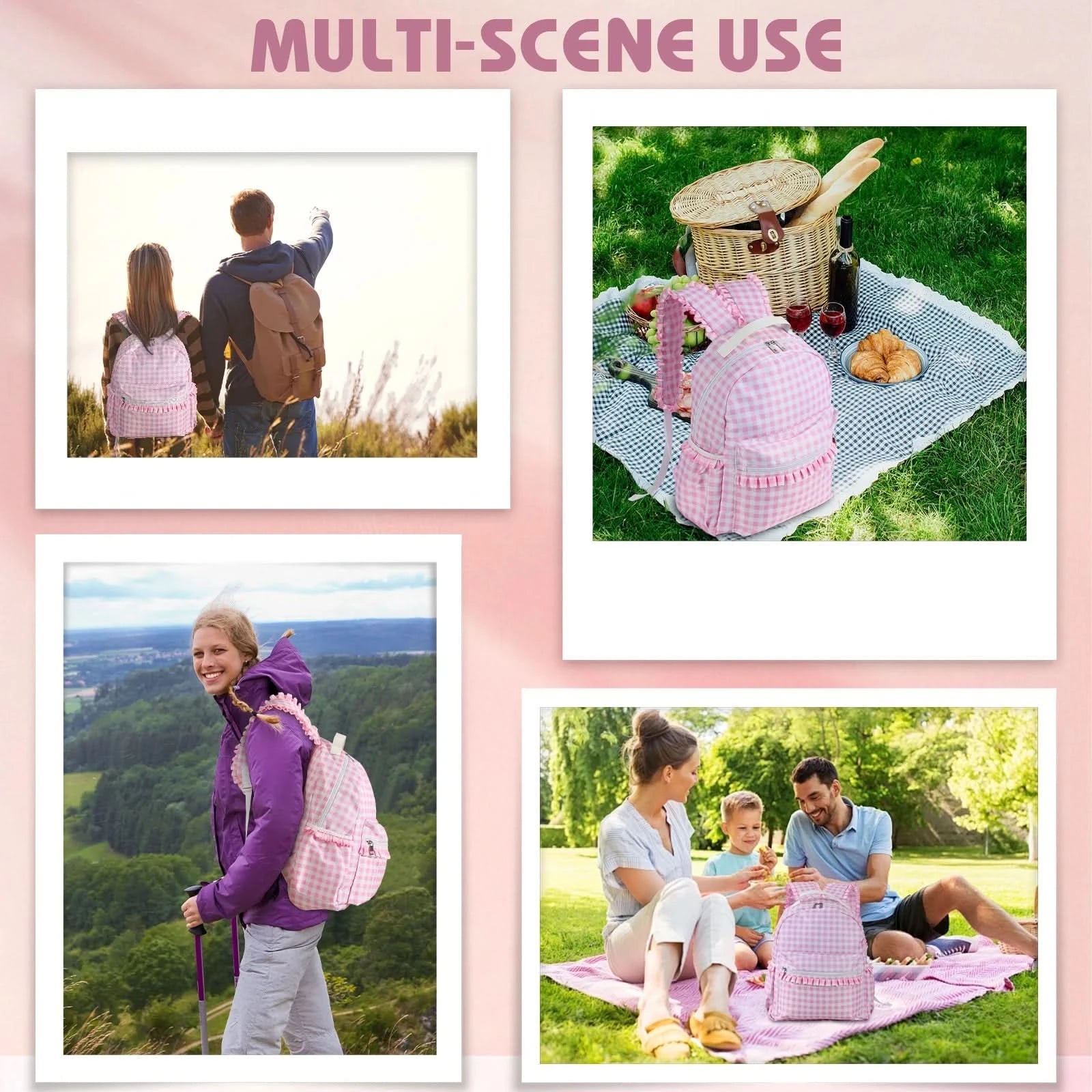 Ruffle Plaid Backpack Girl Pink/Blue Nylon For Women Outdoor Travel Weekend Book Schoolbags Back To School Gifts For Kids - M & M Global