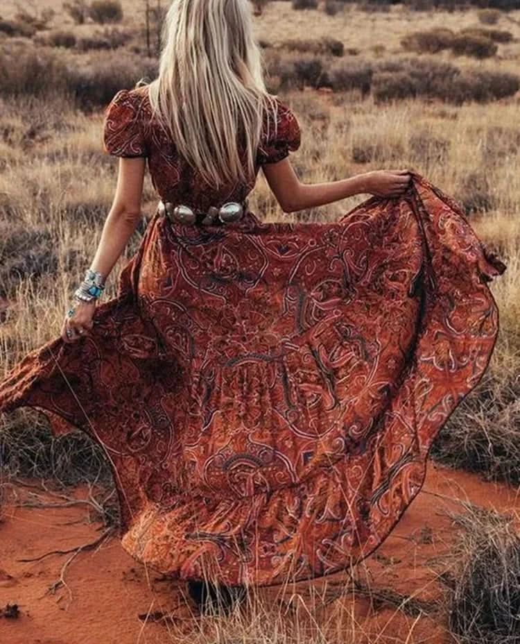 TEELYNN boho long dress Vintage 2023 floral print Chiffon three quarter sleeve v-neck summer Gypsy Hippie women dresses vestidos - M & M Global