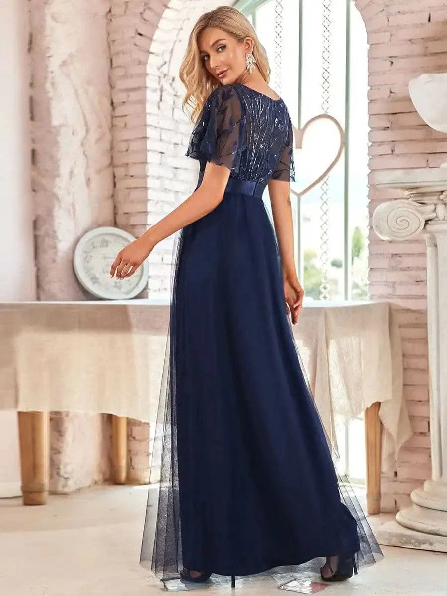 2023 New Women's Burgundy A-Line Sequin Mesh Leaf Maxi Prom Dress Sparkle Evening Dresses O-Neck Short Sleeve Long Dress - M & M Global