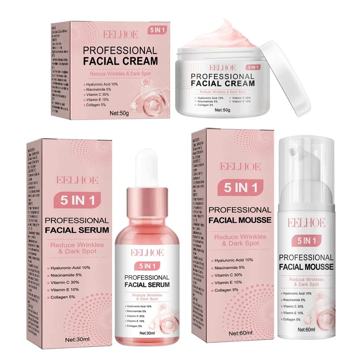 EELHOE 5 in 1 Face Serum for Glowing Skin Firming Micro Face Cream Anti Wrinkle Shrink Pores Cleansing Mousse Facial Skin Care - M & M Global