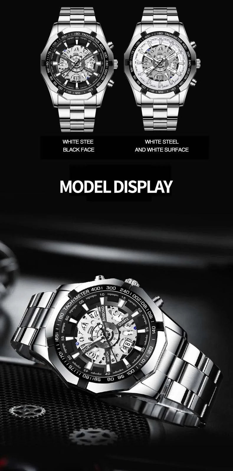 BINBOND Mens Quartz Watches Top Brand Luxury Stainless Steel Waterproof Hollow Out Blue Big Male Wristwatches Relogio Masculino - M & M Global