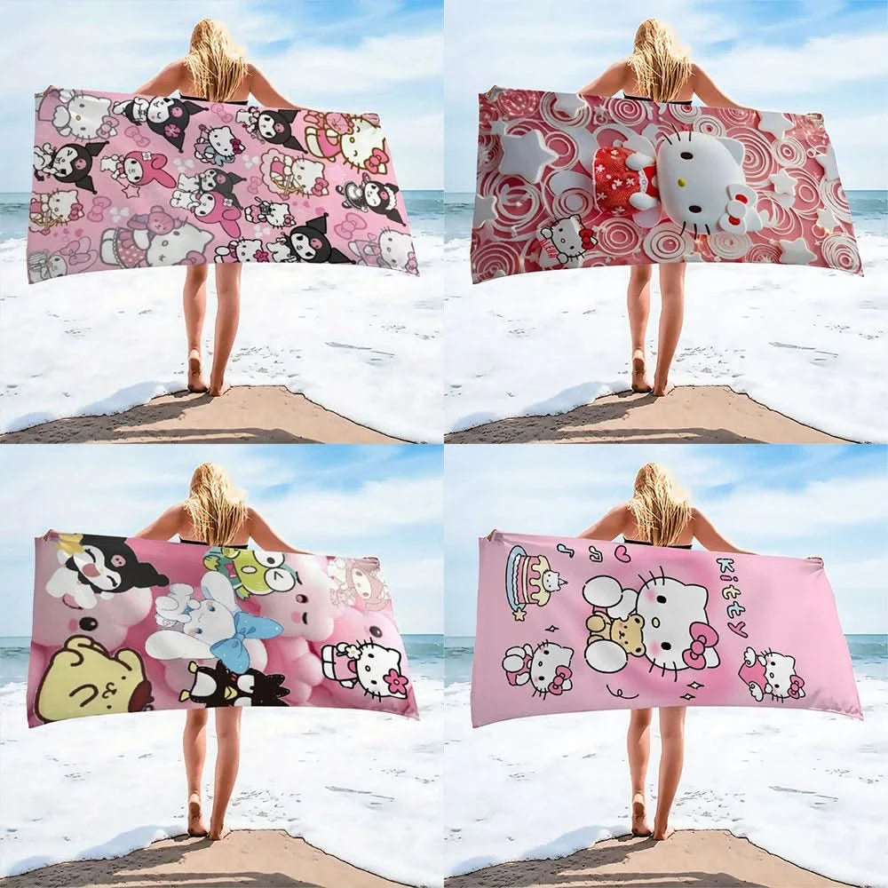 Hello Kitty Red - Pink Swirl Beach TowelMicrofiber terry bath towels for yoga, travel, swimming, fitness and camping - M & M Global