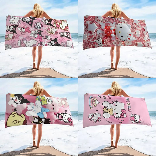Hello Kitty Red - Pink Swirl Beach TowelMicrofiber terry bath towels for yoga, travel, swimming, fitness and camping - M & M Global