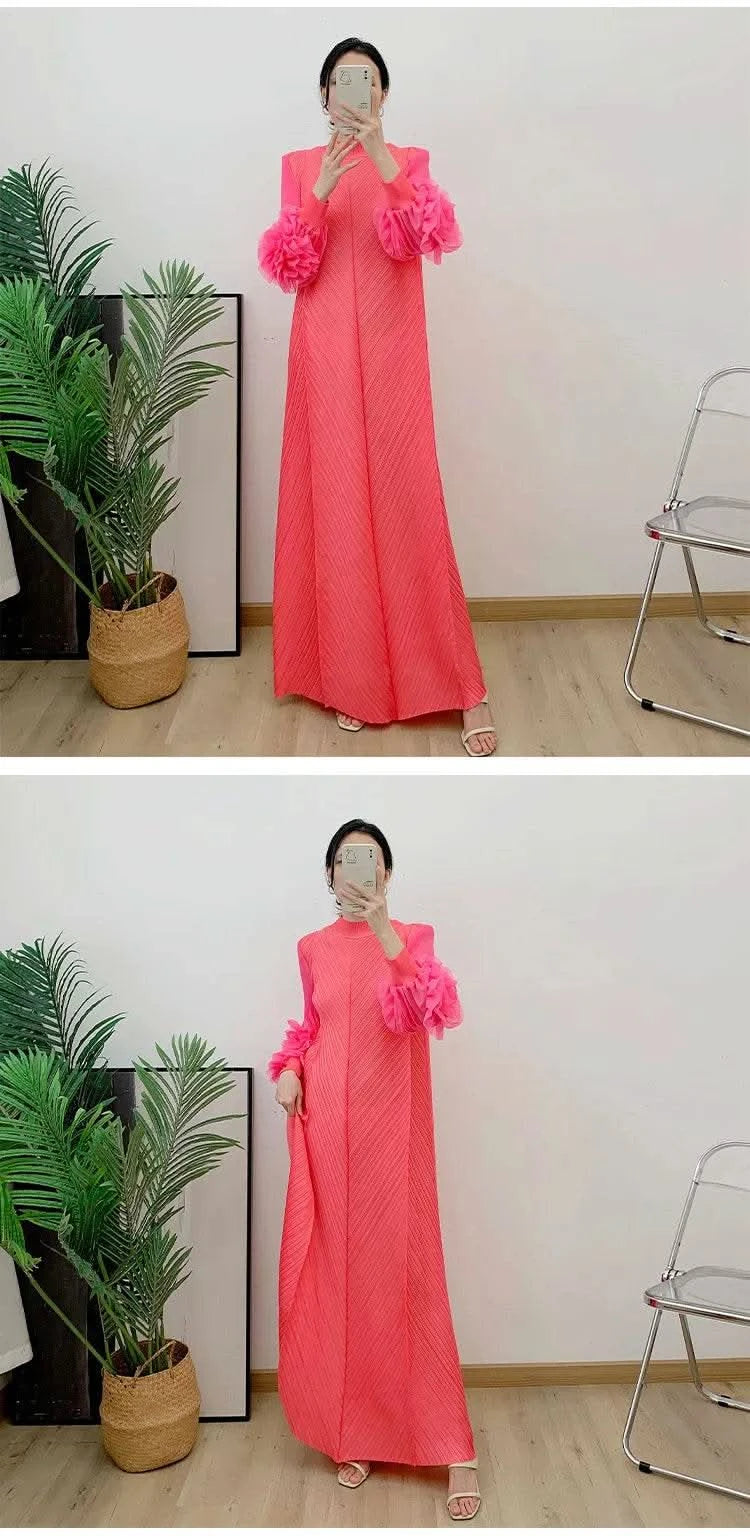 ANLAN Miyake Pleated Maxi Long Dress Mesh Petal Sleeve Half Turtleneck Formal Dresses for Women 2024 New Hot Sales 6KK9927 - M & M Global