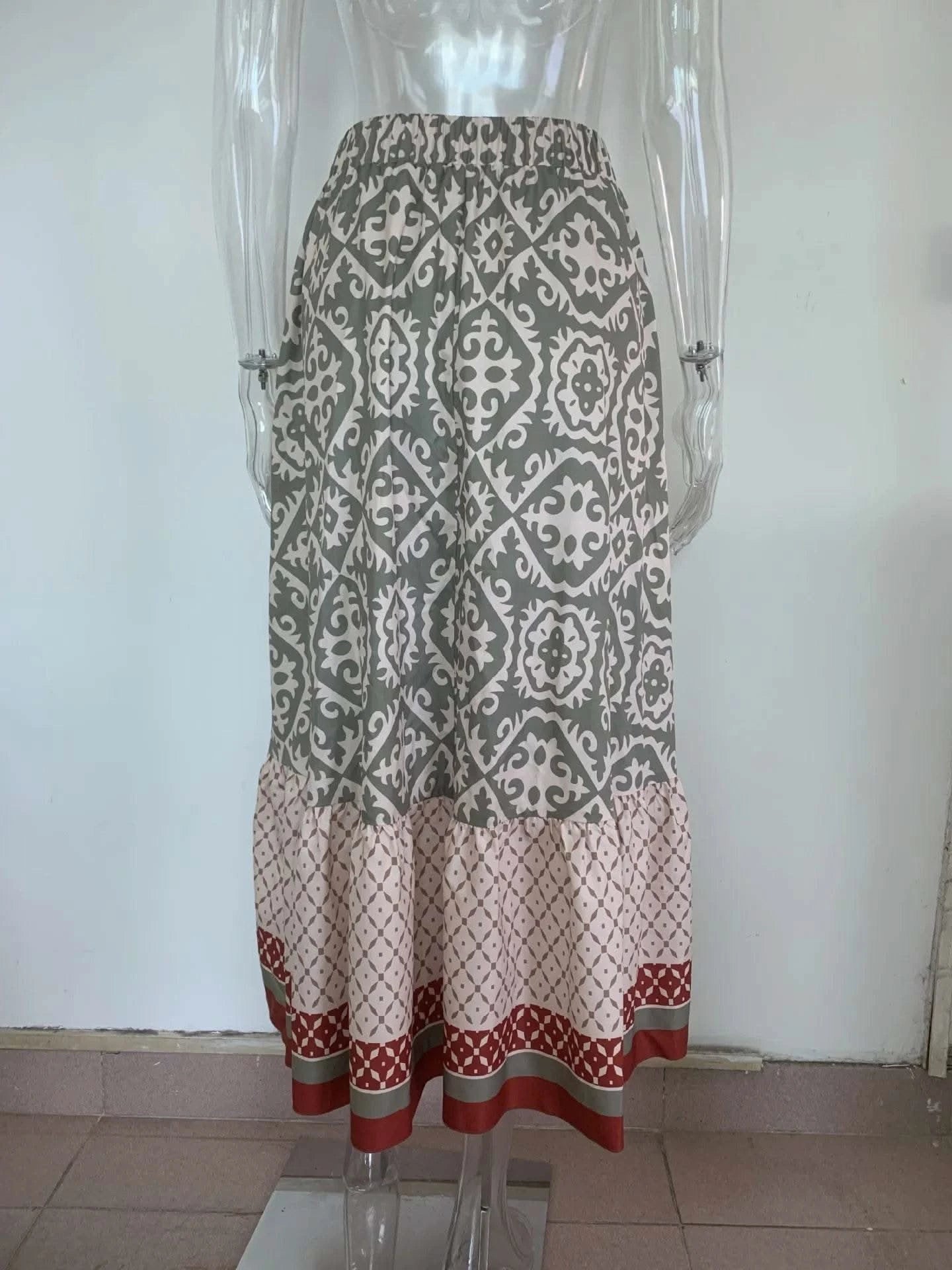 boho print maxi skirt women fashion high waist 3D printting long dress casual loose summer high waist skirts for women 2024 - M & M Global