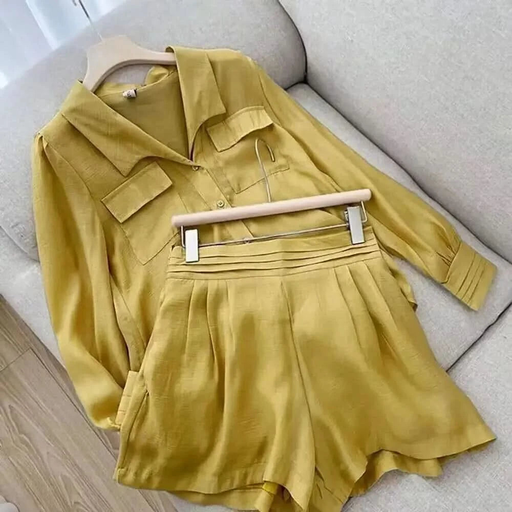 Thin Short Sets Shirts Two Piece Sets Loose Long Sleeve Casual Office Clothing Solid Color 2 Piece Summer Set Women Elegant - M & M Global