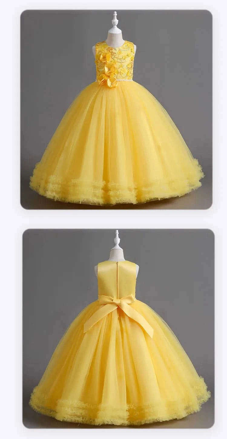 Girls' Sequin Pearl Princess Dress 5-14 Years Old Flower Decal Sleeveless Temperament Long Dress Halloween Banquet Fashion Dress - M & M Global