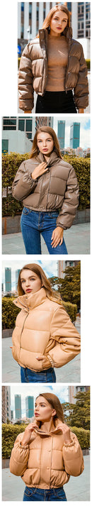 Winter Thick Warm Cropped Puffer Jacket Women Black PU Leather Parkas Elegant Zipper Coat Cotton Padded Punk Outwear 2023